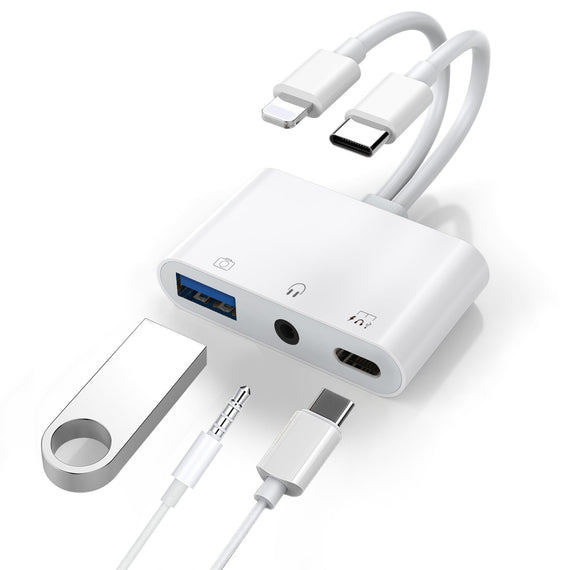 Generic Lightning/USB-C to USB Adapter features a USB OTG Port, 3.5mm Headphone Jack & Fast-charging Port