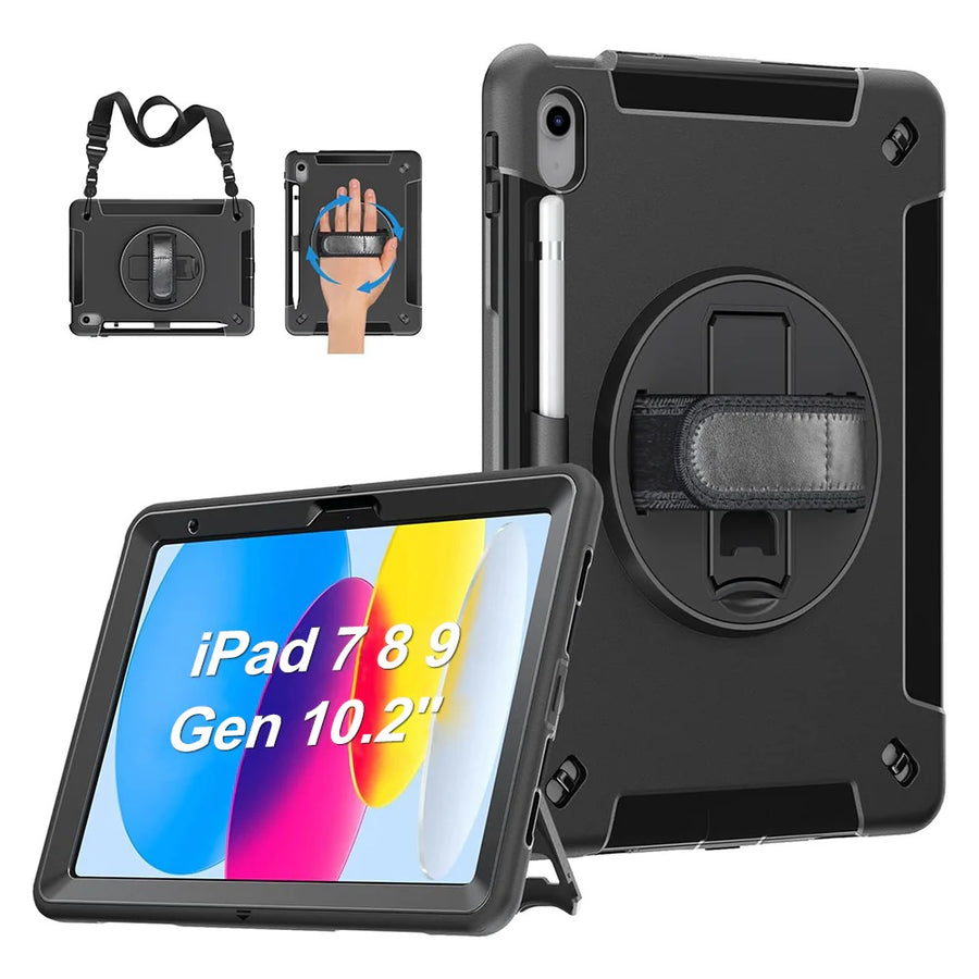 Generic Rugged Apple iPad (10.2') (9th/8th/7th Gen) Case Black - Built-in-Kickstand, Adjustable Hand Strap, Pen Holder, DropProof, ShockProof