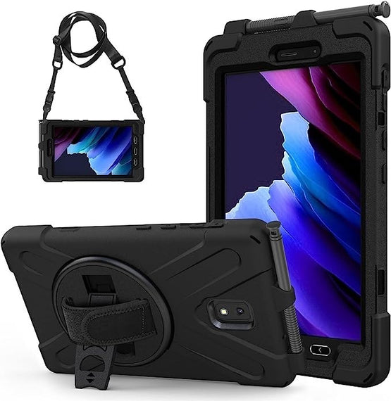 Generic Rugged Samsung Galaxy Tab Active5 / Tab Active3 (8') Case Black - Built-in-Kickstand, Adjustable Hand Strap, Shoulder Strap, Pen Holder, DropP