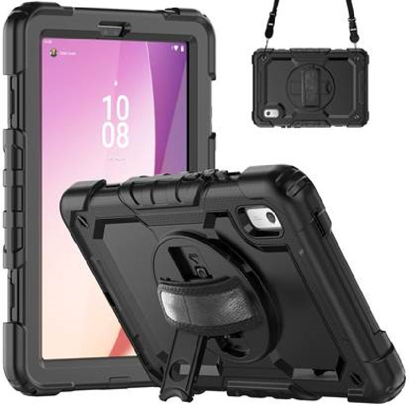 Generic Rugged Lenovo Tab M9 (9') Case + Screen Protector Black - Built-in-Kickstand, Adjustable Hand Strap, Shoulder Strap, Reinforced Corners