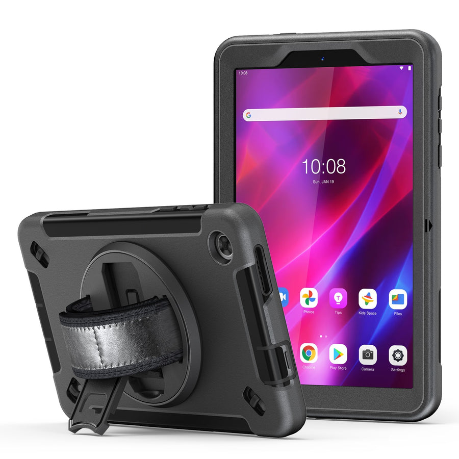 Generic Rugged Lenovo Tab M8 (4th Gen) (8') (TB-300) Case + Screen Protector Black - Built-in-Kickstand, Adjustable Hand Strap, Shoulder Strap