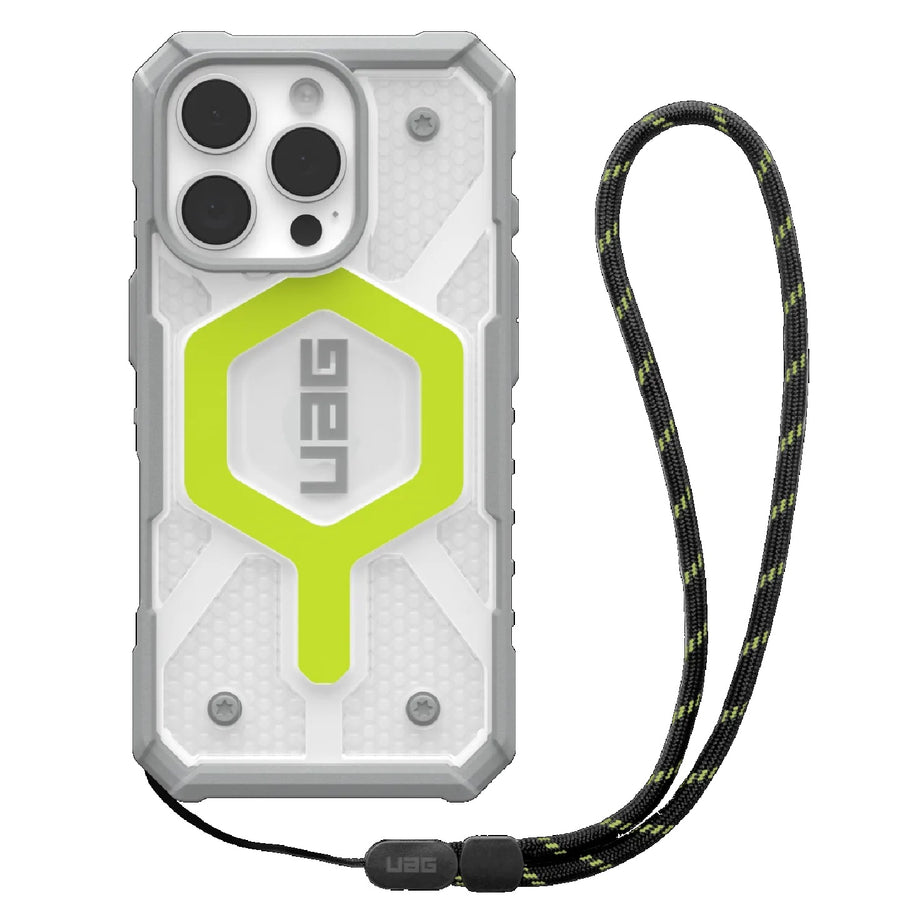 UAG Pathfinder Clear MagSafe Apple iPhone 16 Pro (6.3') Rugged Case + Black Neon Lanyard - Active Neon (1144641BV01), 10 Years Warranty