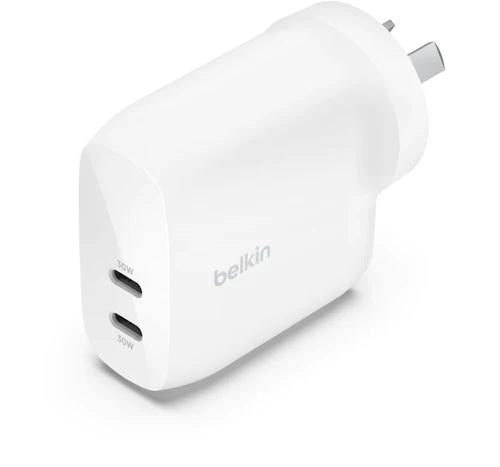 Belkin BoostCharge Pro Dual USB-C Wall Charger with PPS 60W - White (WCB010auWH), 2XUSB-C (PD 3.1)(30W),Compact & Travel Ready,Fast Charger,Laptop,2YR