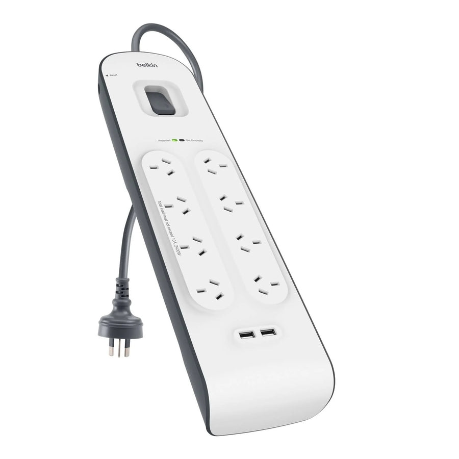 Belkin SurgePlus BSV804 8-Outlet 2-Meter Surge Protection Strip With Two 2.4Amp USB Charging Ports, Complete Three-Line AC Protection,2 Years Warranty