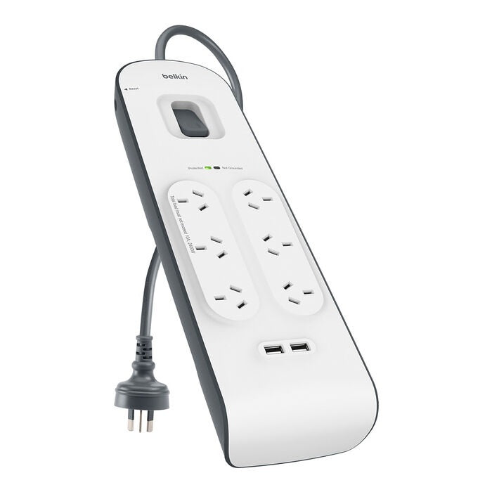 Belkin SurgePlus BSV604 6-Outlet 2-Meter Surge Protection Strip 2.4Amp USB Charging Ports, CEW $30,000,2YR, Power Board, 2 Years Warranty