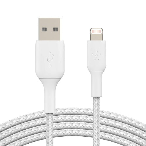 Belkin BoostCharge Braided Lightning to USB-A Cable (2m/6.6ft) - White(CAA002bt2MWH), 480Mbps, 10K+ bend, Apple iPhone / iPad / Macbook, 2YR