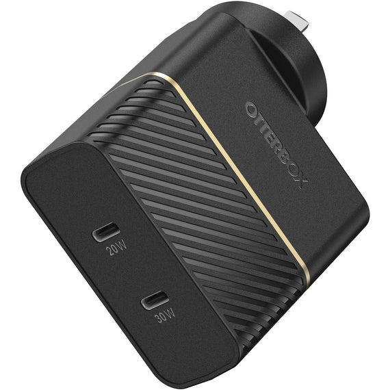 OtterBox 50W Dual Port USB-C PD Fast Wall Charger - Black (78-80354),2x USB-C (30W + 20W),Supports PPS, Compact, Safe, Ultra-Durable, 2 Years Warranty