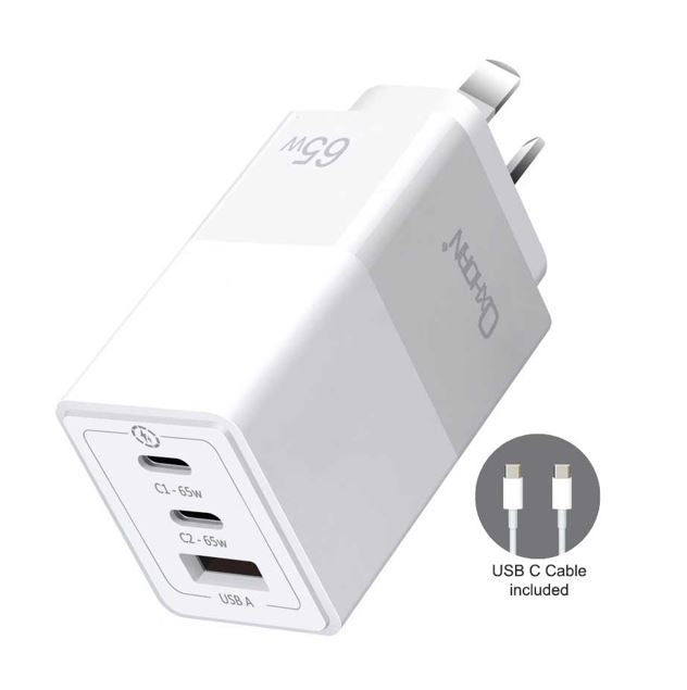 Oxhorn 65W GaN Type C fast Charger 3 Port 2xUSB-C 1xUSB-A PD3.0 QC4.0 PPS AUS Approved C-tick White with cable