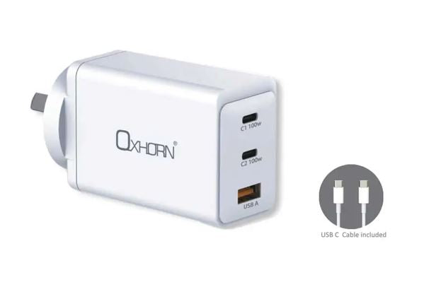 Oxhorn Charger Accessories AC 100W GaN Type C fast Charger 3 Ports 2xUSB-C 1xUSB-A PD3.0 QC4.0+ PPS for Laptop/Mobile/Tablet/Other Device White