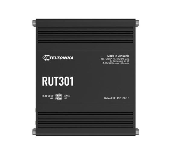 Teltonika RUT301 Industrial Ethernet Router, Rugged Industrial Ethernet Router, 5 Ethernet Ports, 2 Configurable Digital Inputs/Outputs, PSU included