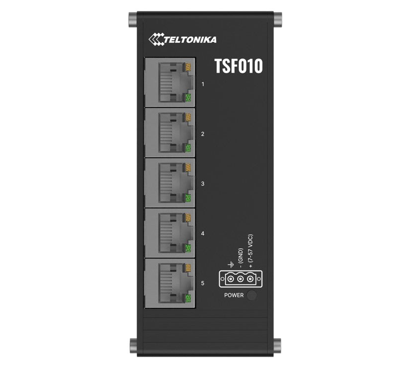 Teltonika TSF010 Flat Ethernet Switch, 3-Pin Power Input, Flat and Compact Design, Plug-and-Play, 7-57 VDC, PSU excluded