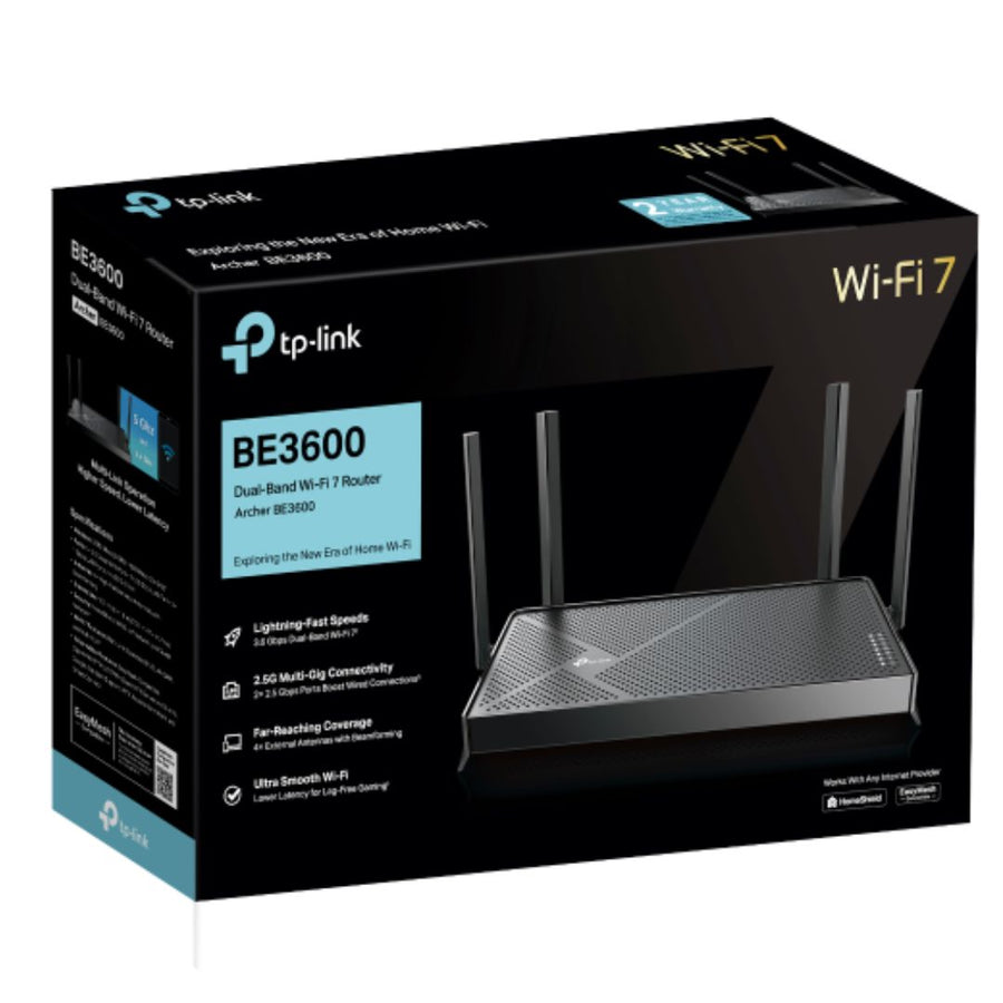 TP-Link Archer BE3600 BE3600 Dual-Band Wi-Fi 7 Router (WIFI7) 1148 Mbps at 2.4 GHz + 4804 Mbps at 5 GHz, 8× Antennas, 2.0 GHz Quad- Core CPU, 1*2.5Gbp