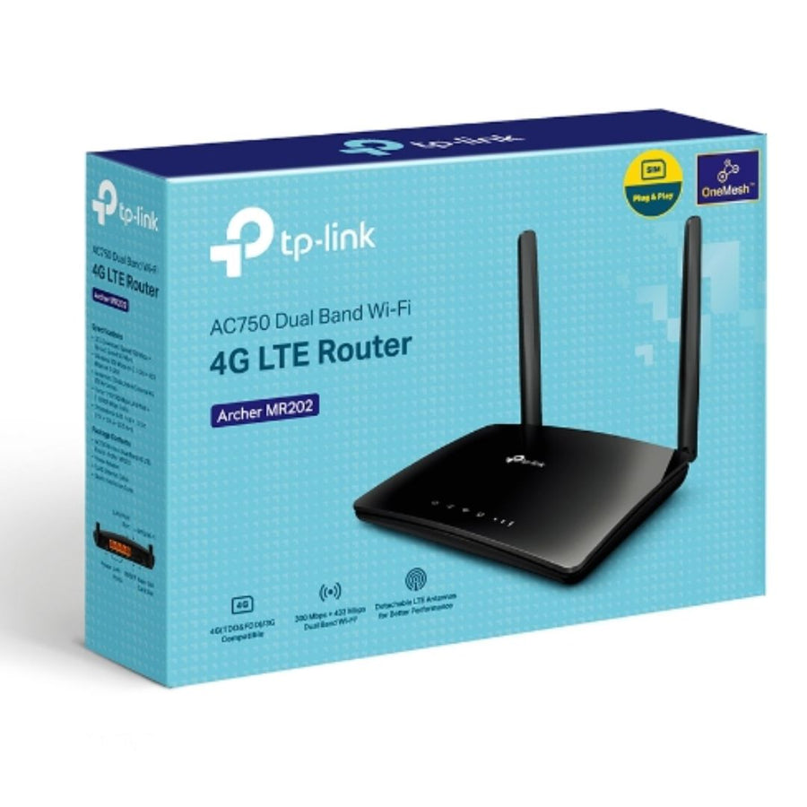 TP-Link Archer MR202 AC750 Wireless Dual Band 4G LTE Router 574Mbps @2.4GHz + 2402Mbps @5GHz + 2402Mbps @6GHz. 2× External SMA-F Antenna IntF