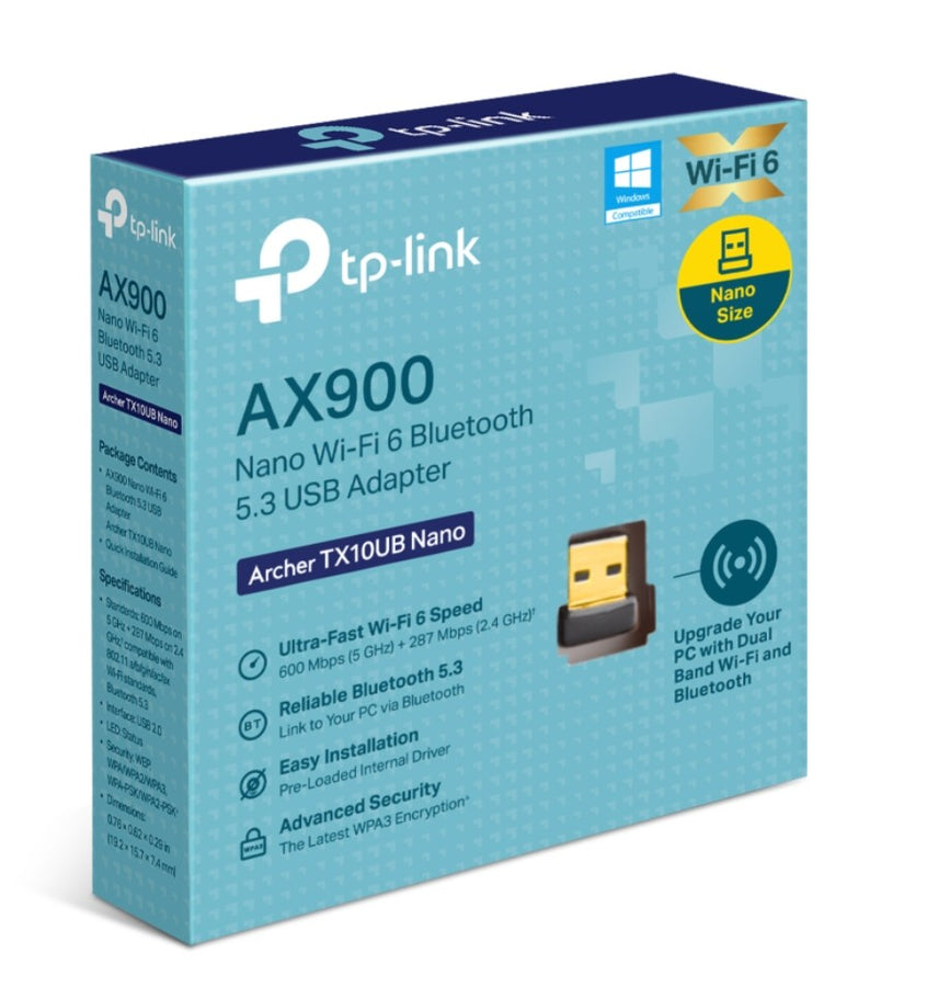 TP-Link Archer TX10UB Nano AX900 Nano Wi-Fi 6 Bluetooth 5.3 USB Adapter,  600 Mbps at 5 GHz + 287 Mbps at 2.4 GHz ,  Internal Antennas, USB 2.0