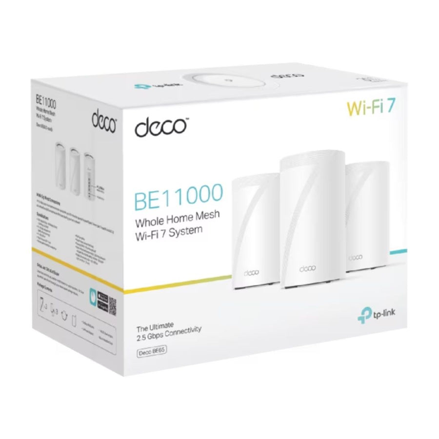 TP-Link Deco BE65(3-pack) BE11000 Whole Home Mesh Wi-Fi 7 System (WIFI7) , 574 Mbps at 2.4 GHz + 4320 Mbps at 5 GHz + 5760 Mbps at 6 GHz