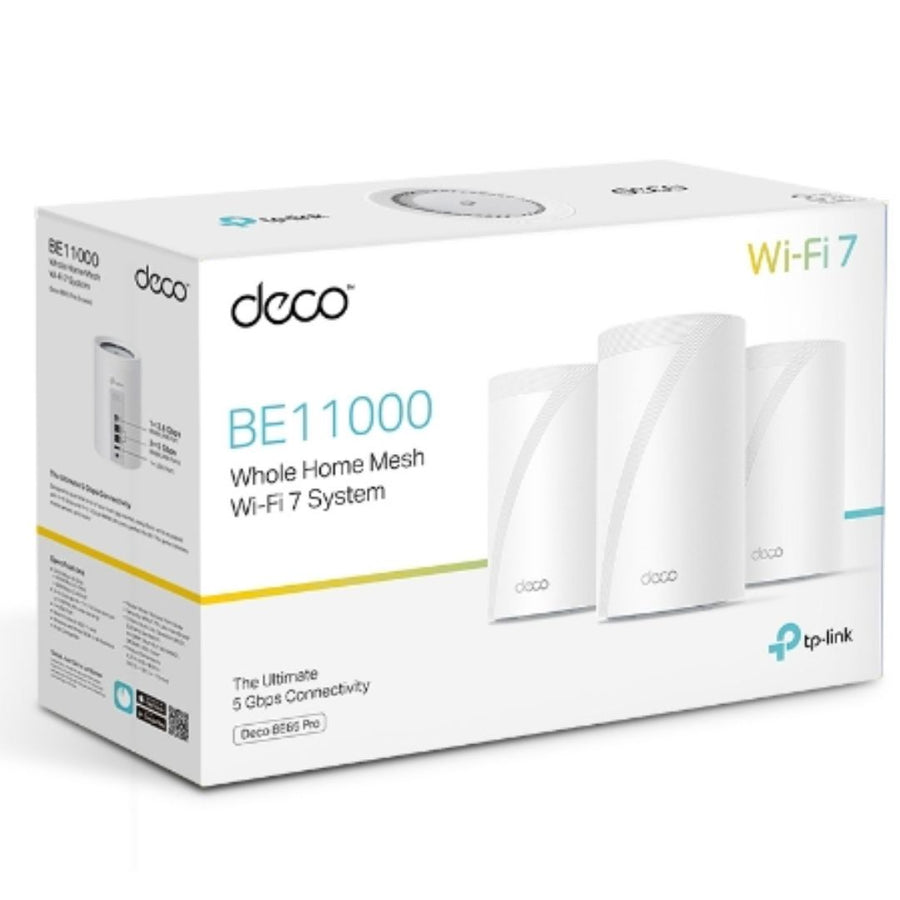 TP-Link Deco BE65 Pro(3-pack) BE11000 Whole Home Mesh WiFi 7 System, 688 Mbps at 2.4 GHz + 4320 Mbps at 5 GHz + 5760 Mbps at 6 GHz