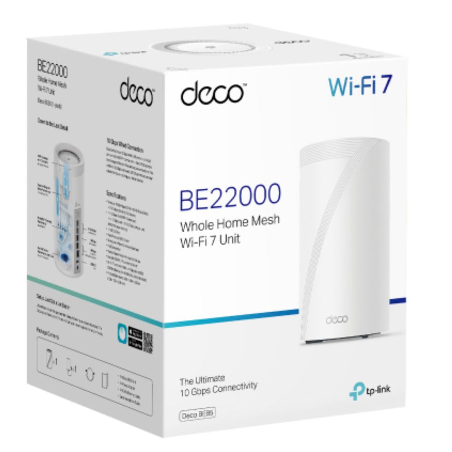 TP-Link Deco BE85(1-pack) BE22000 Tri-Band Whole Home Mesh Wi-Fi 7 System (WIFI7), 1376 Mbps at 2.4 GHz + 8640 Mbps at 5 GHz + 11520 Mbps at 6 GHz