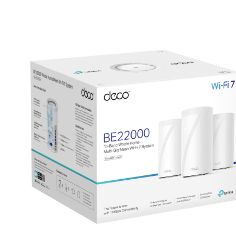 TP-Link Deco BE85(3-pack) BE22000 Tri-Band Whole Home Mesh Wi-Fi 7 System (WIFI7) 1376 Mbps at 2.4 GHz + 8640 Mbps at 5 GHz + 11520 Mbps at 6 GHz