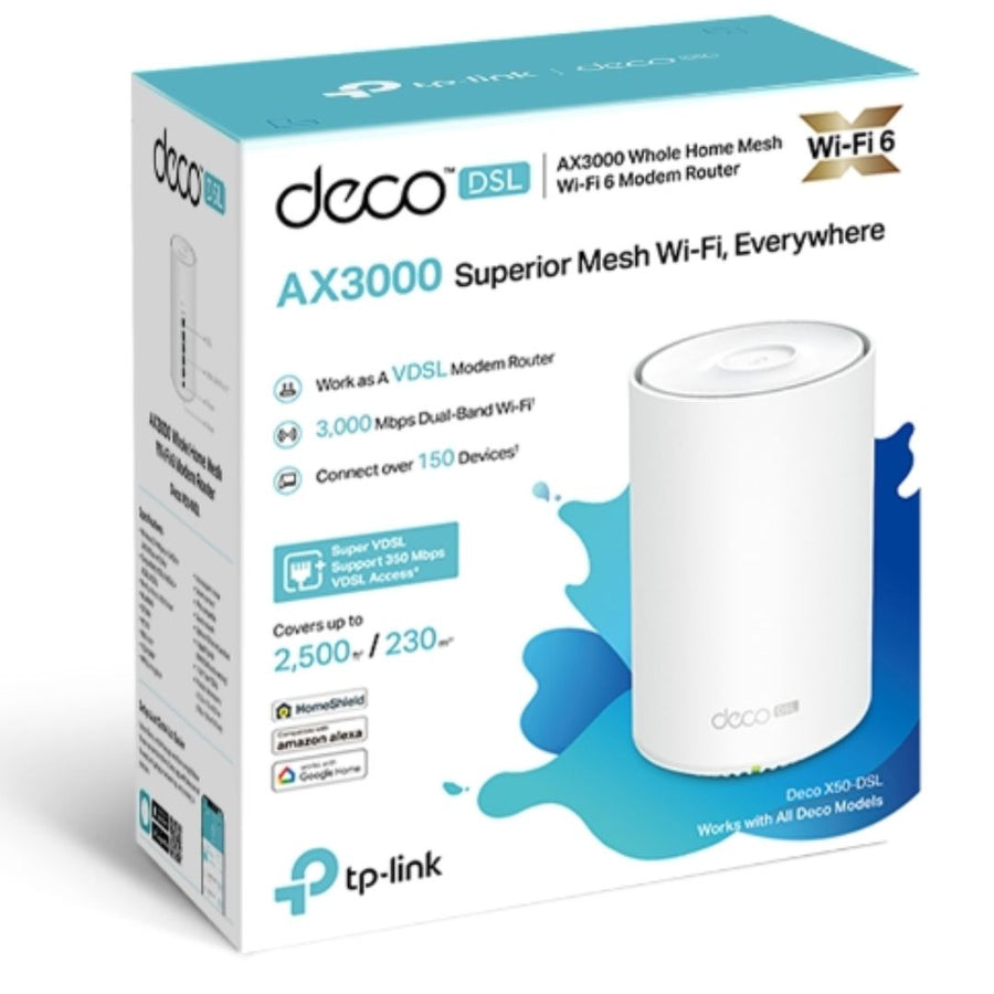 TP-Link Deco X50-DSL(1-pack) AX3000 VDSL Whole Home Mesh WiFi 6 Router, 574 Mbps at 2.4 GHz + 2402 Mbps at 5 GHz, VDSL Profile 35b 350/60 Mbps