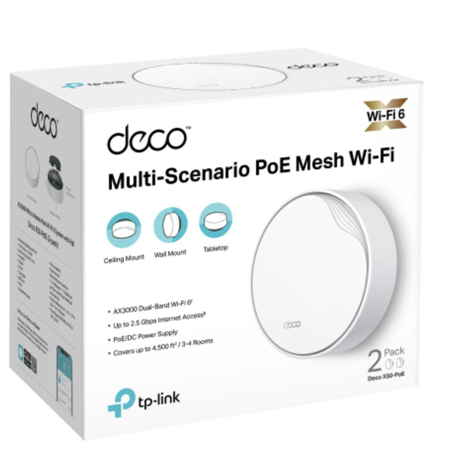 TP-Link Deco X50-PoE(2-pack) AX3000 Whole Home Mesh WiFi 6 System with PoE,  574 Mbps at 2.4 GHz + 2402 Mbps at 5 GHz