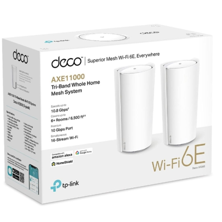 TP-Link Deco XE200(1-pack) AXE11000 Whole Home Mesh Wi-Fi 6E System , Tri-Band WiFi, 4804 Mbps (6 GHz) + 4804 Mbps (5 GHz) + 1148 Mbps (2.4 GHz).