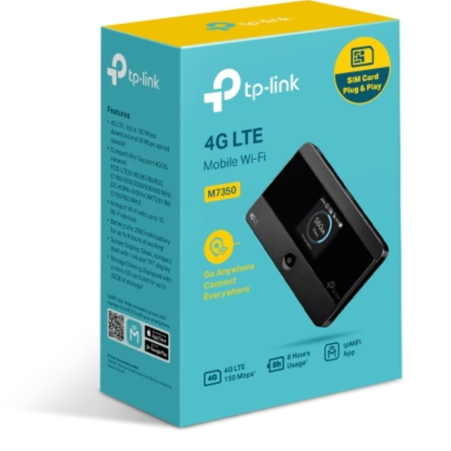 TP-Link M7350 4G-LTE Mobile Wi-Fi 150Mbps DL 50Mbps UL 4G SIM Card + microSD Slot 2000mAh 8hrs Rechargeable Battery for 10 Devices iOS/Android App