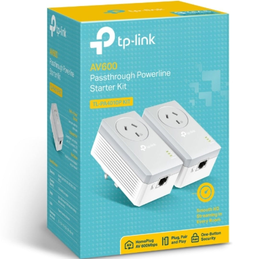 TP-Link TL-PA4010P KIT AV600 Powerline Adapter with AC Pass Through Starter Kit 600Mbps HomePlug AV 1x100Mbps LAN Power Socket 300m ~TL-PA4016P KIT