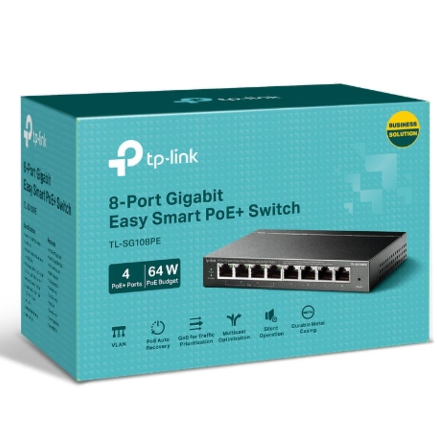 TP-Link TL-SG108PE 8-Port Gigabit Easy Smart Switch with 4-Port PoE, 55W IEEE 802.3af, Fanless, VLAN Features