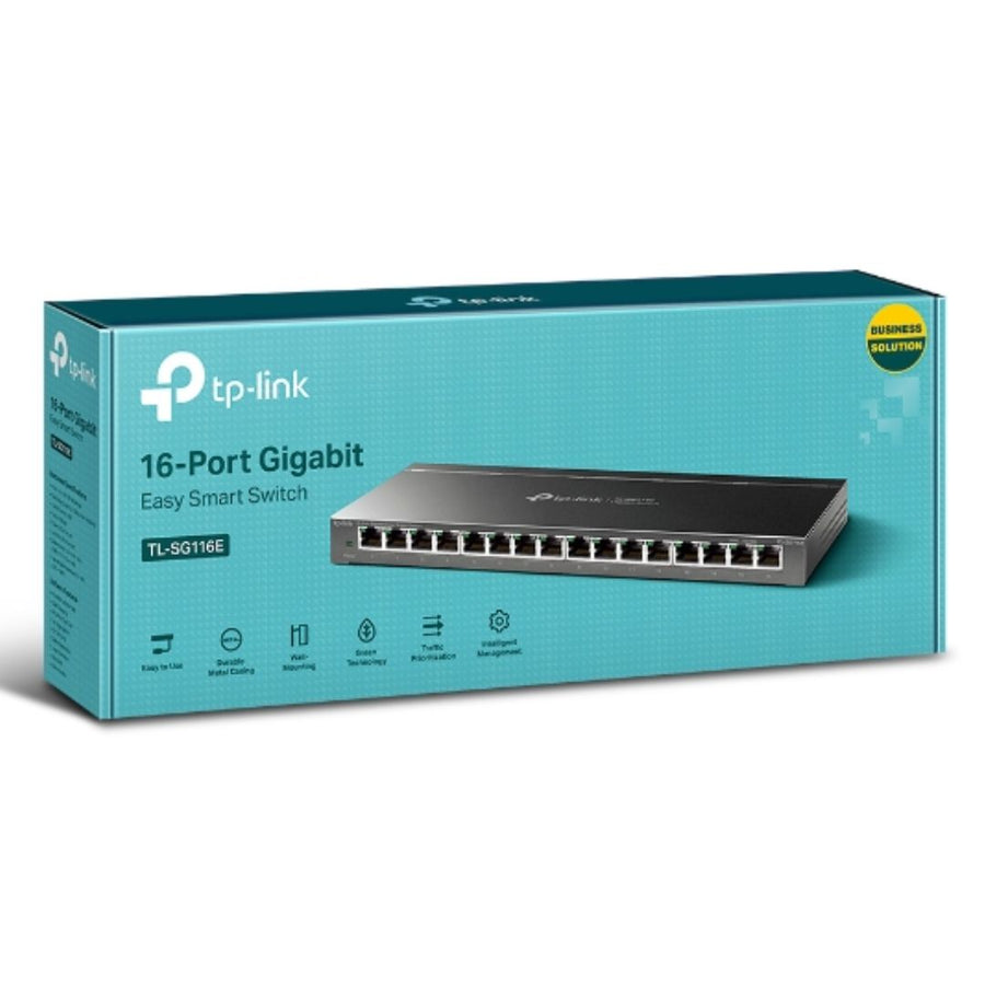 TP-Link TL-SG116E 16-Port Gigabit Unmanaged Pro Switch Desktop/Wall Mounting L2 Features 32xVLAN 32Gbps Capacity 23.81Mpps 8K MAC 4.1Mb Buffer Fanless