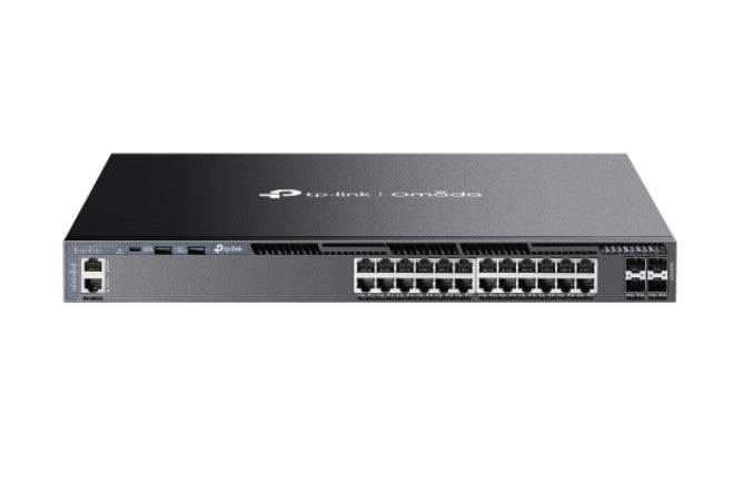 TP-Link SG6428X Omada 24-Port Gigabit Stackable L3 Managed Switch with 4 10GE SFP+ Slots, 24× Gigabit RJ45 Ports, 4× 10G SFP+ Slots, RJ45/Type C USB C