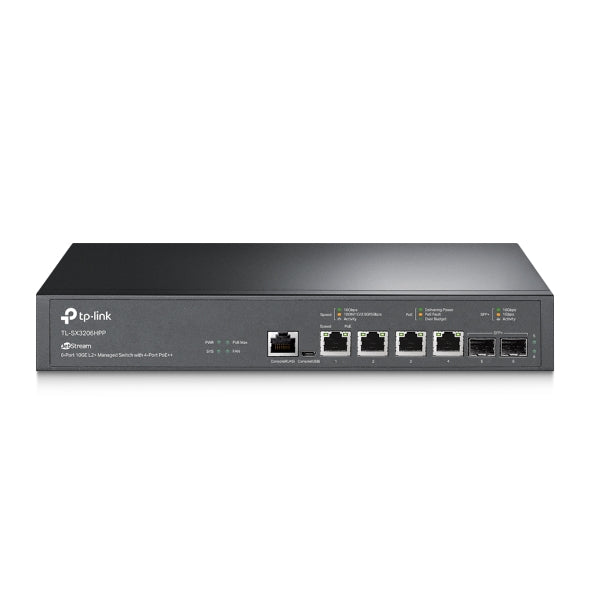 TP-Link SX3206HPP Omada JetStream 6-Port 10GE L2+ Managed Switch with 4-Port PoE++, 4× 10G PoE++ Ports, 2× 10G SFP+ Slots, RJ45/Micro-USB Console Port