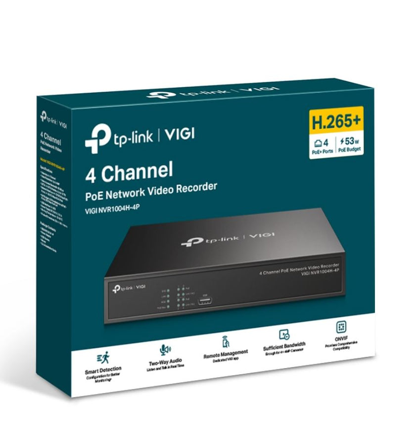 TP-Link VIGI NVR1004H-4P 4 Channel PoE+ Network Video Recorder, 24/7 Continuous Recording, 4K HDMI Video Output & 16MP Decoding (HDD Not Included)