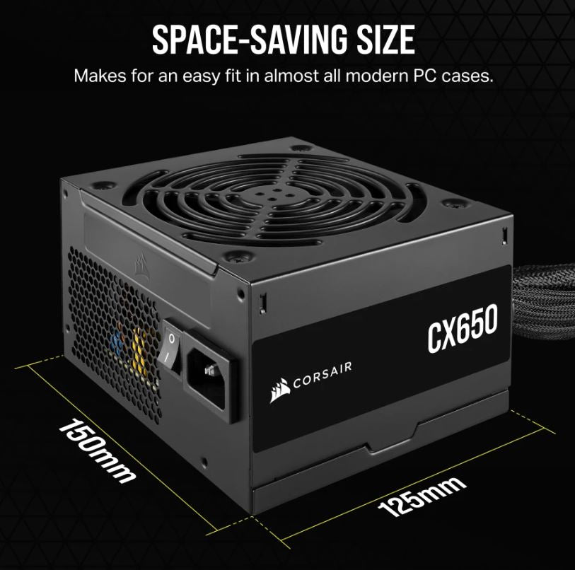 Corsair CX650 650W, 80 PLUS Bronze Certified, Up to 88% Efficiency,  Compact 125mm design easy fit and airflow, ATX PSU 2024