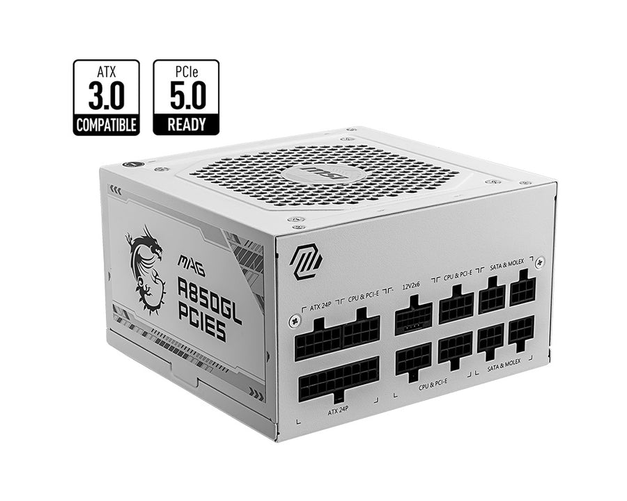 MSI MAG A850GL PCIE5 WHITE 850W Up to 90% (80 Plus Gold) ATX Power Supply Unit, PFC, 100~240 VAC, 850W, 47-63Hz, PCI-E, SATA, FDD