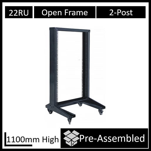 LDR Flat Packed 22U 2-Post Open Frame Rack, Black Metal Construction