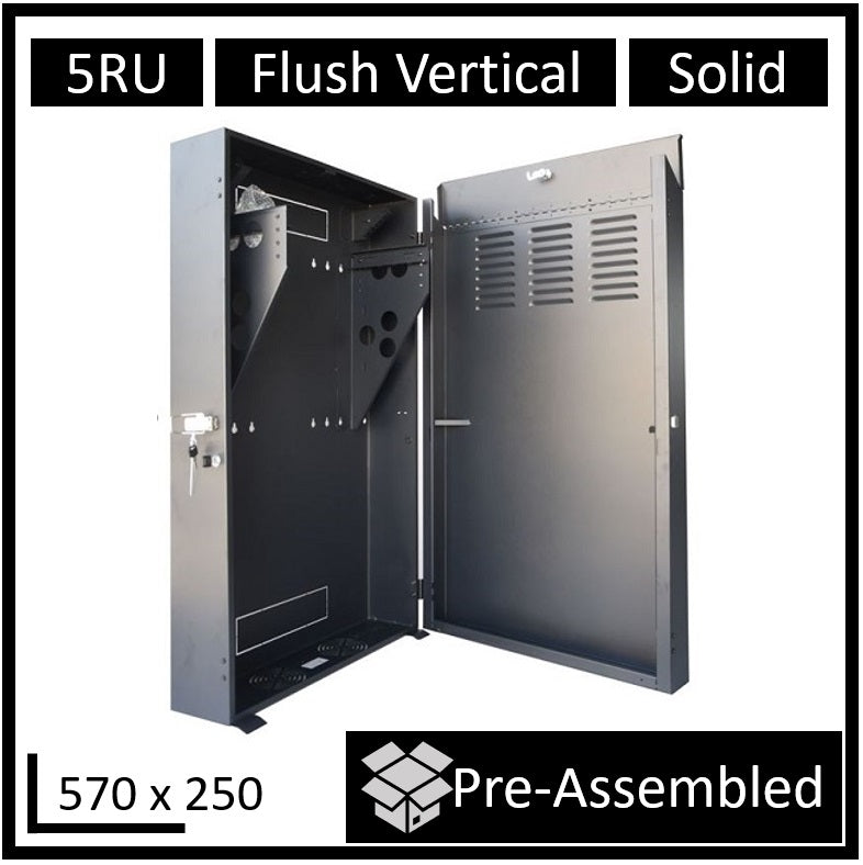 LDR Assembled 5U Flush Wall Mount Vertical Cabinet (570mm x 250mm) - 4U Rack For Gear & 2U Mount For Patch Panels - Black Metal Construction