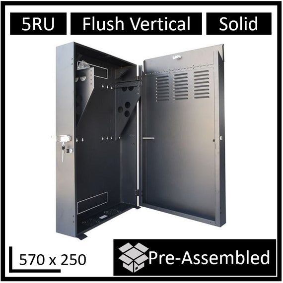 LDR Assembled 5U Flush Wall Mount Vertical Cabinet (570mm x 250mm) - 4U Rack For Gear & 2U Mount For Patch Panels - Black Metal Construction