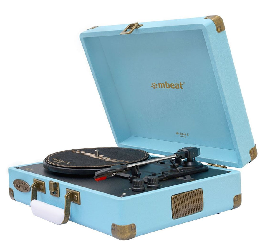 mbeat®  Woodstock 2 Sky Blue Retro Turntable Player with BT Receiver & Transmitter Built-in Bluetooth receiver eaturing 3 speed settings Weight: 3.2kg