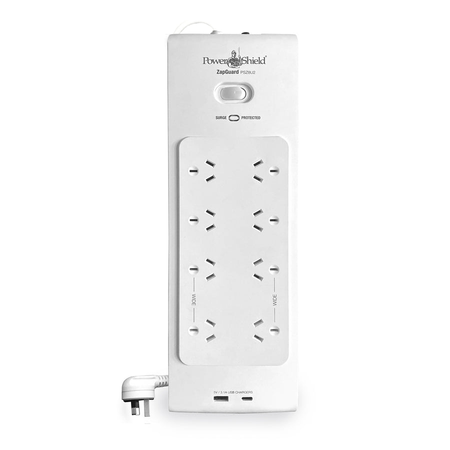 PowerShield PSZ8U2 ZapGuard 8 Way Power Surge Filter Board, USB A / C Connectors, Wide Spaced Sockets, Wall Mountable, $60,000 Connected Equipment