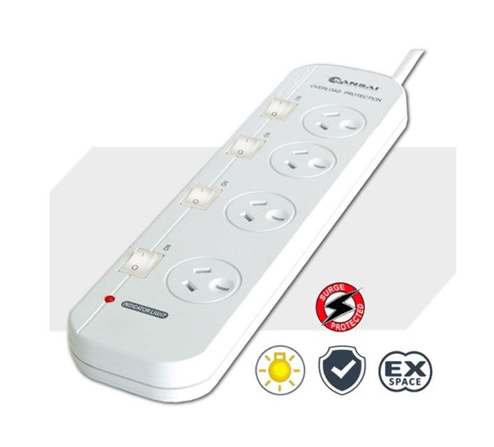 Sansai 4-Way Power Board (421SW) with Individual Switches and Surge Protection 2 Extra Spaced Sockets Indicator Light 100CM Lead 240VAC 50Hz 10A