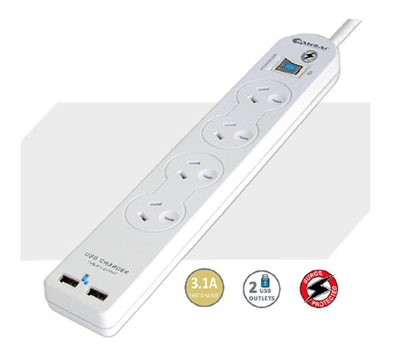 Sansai 4 Way Basic Powerboard USB Ax2 4 Outlets Master Switch Surge and overload protection1M Length