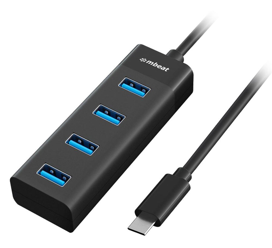 mbeat® USB-C to 4-Port 3.0 Hub - Black USB 3.0 transfer speeds up to 5Gbps Material: ABS Plastic Cable Length: 200mm Weights: 36g