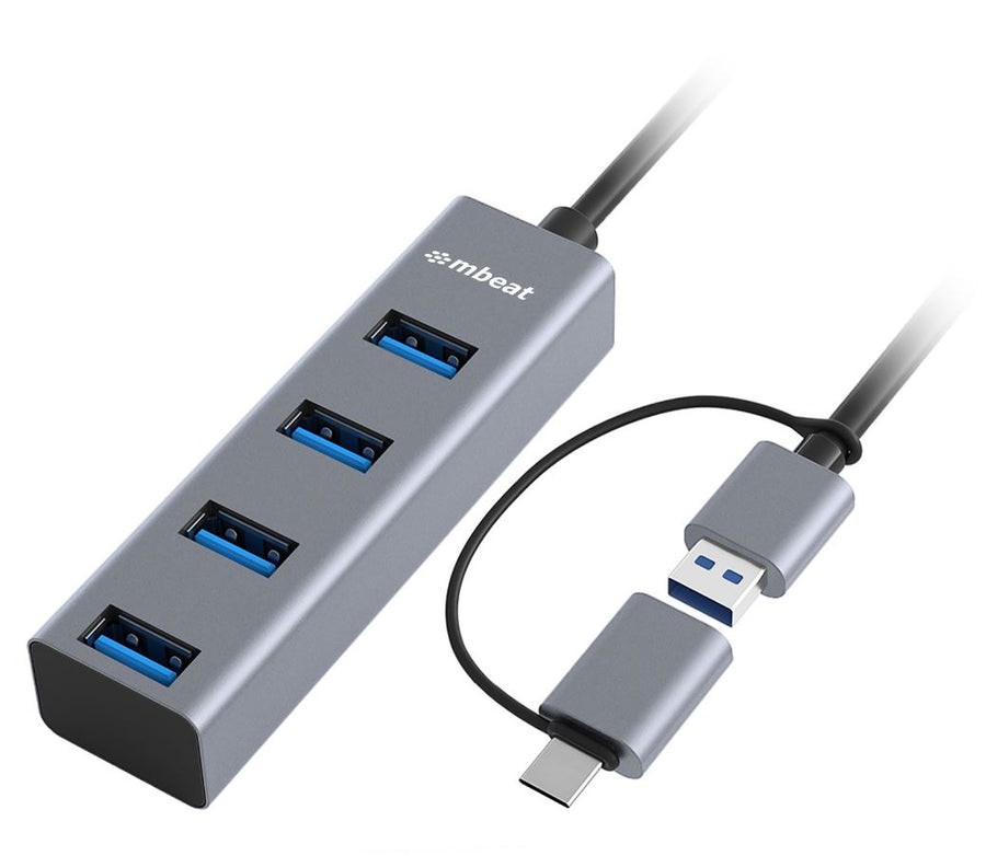 mbeat® 4-Port USB 3.0 Hub with 2-in-1 USB 3.0 & USB-C Converter - Space Grey transfer speeds up to 5Gbps  Material: Aluminium Weight: 48g