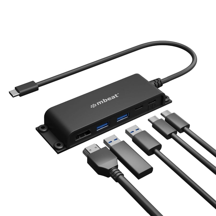 mbeat® Mountable 5-Port USB-C Hub - Supports 4K HDMI video out and 60W Power Delivery Charging with 2 × USB3.0 and 1 × USB-C Weight: 51g