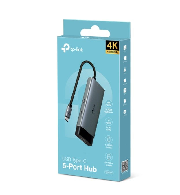 TP-Link UH5020C USB Type-C 5 in 1 Hub, 4K@60Hz HDMI, 100W Power Delivery, 1× USB-C Data Port, 2× USB-A Data Ports.