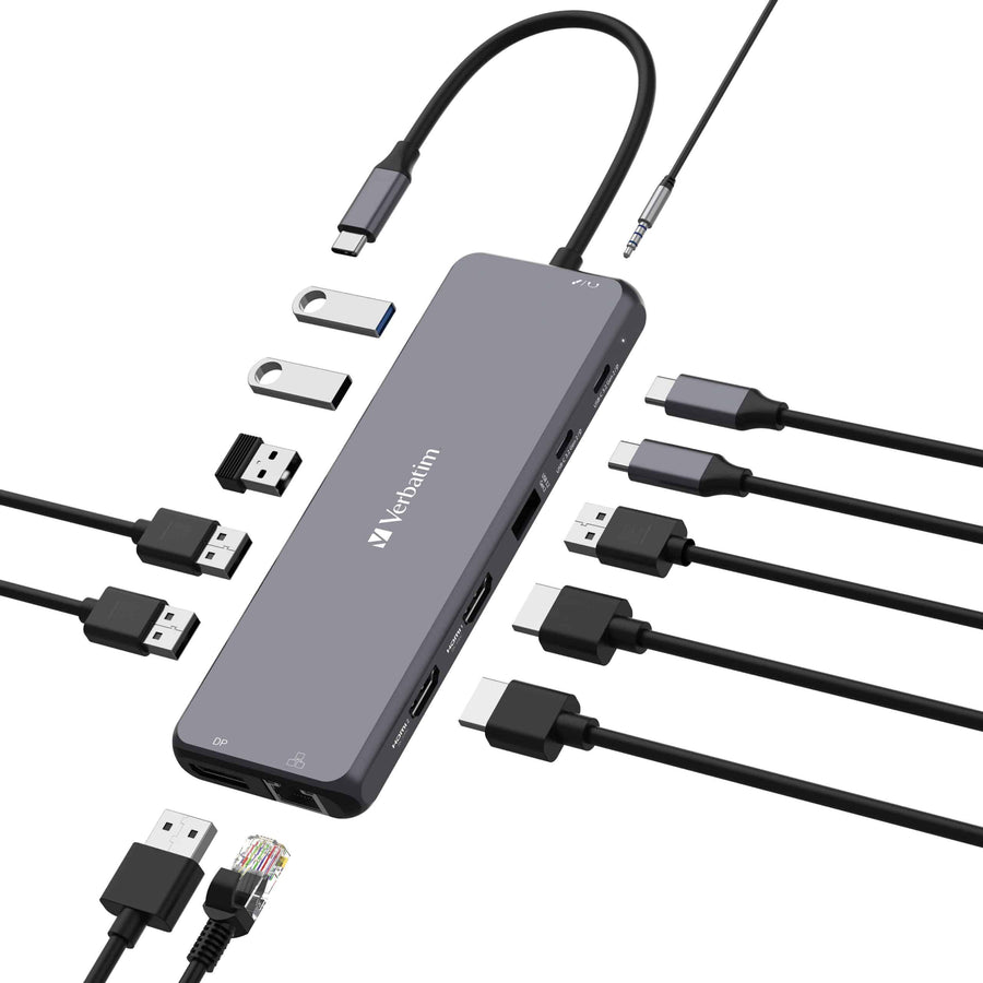 Verbatim USB-C Pro Multiport Hub 13 Port,2 x HDMI, 1 x DisplayPort, 1 x RJ45, 3 x USB-A 3.2 Gen 1, 1 x USB-A 3.2 Gen 2, 2 x USB-A 2.0, 1 x Audio, 2 x