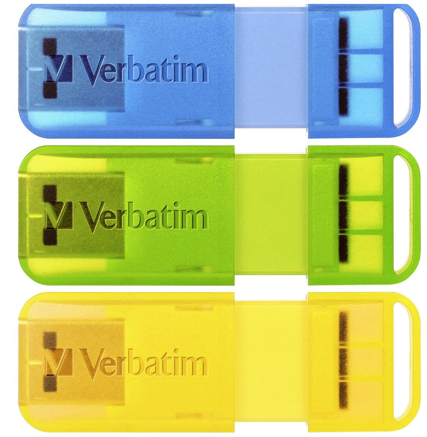 Verbatim Pop-Up 32GB USB 2.0 Triple Pack - Assorted Bright Colours, Blue, Green, Yellow