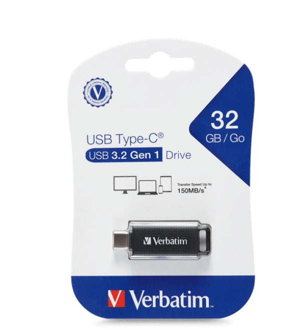 Verbatim 32GB Type-C USB 3.2 Flash Drive - Black Retail Pack 70903 Ultra Fast Transfer, Compact and Light weight design