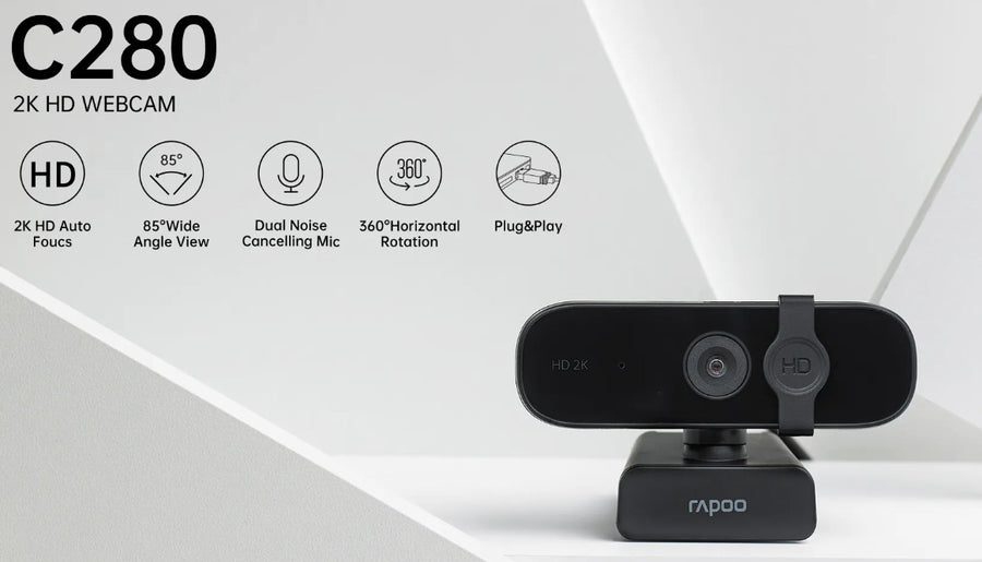 RAPOO C280 2K Webcam - 85 Degree Wide Angle Lens, 360 degrees, Omini Mic. Noise cancel, AutoF Plug & Play. Teams, Google Meet, Zoom, Win Hello, Wechat